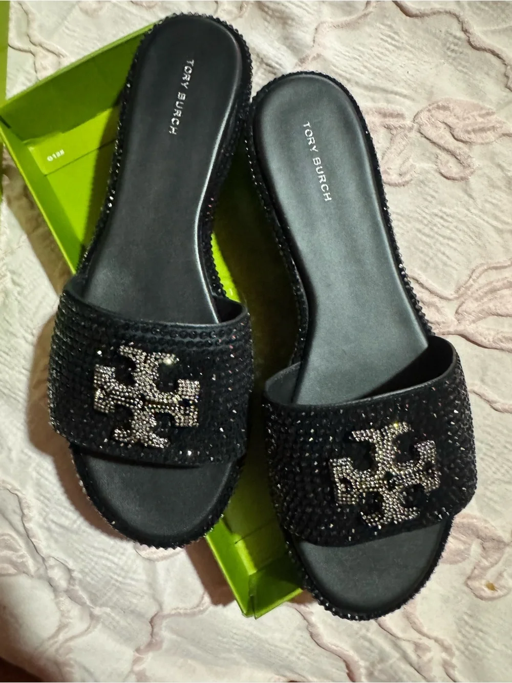 Tory Burch Black Crystal-Embellished Logo Slide Mules